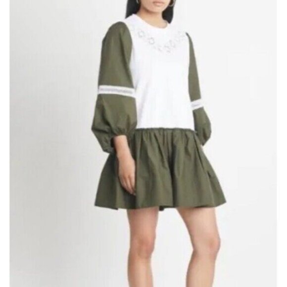 TANYA TAYLOR Sz L Dress Kirstie PuffSleeve Drop-Waist Mini Olive Green White New - Picture 1 of 6